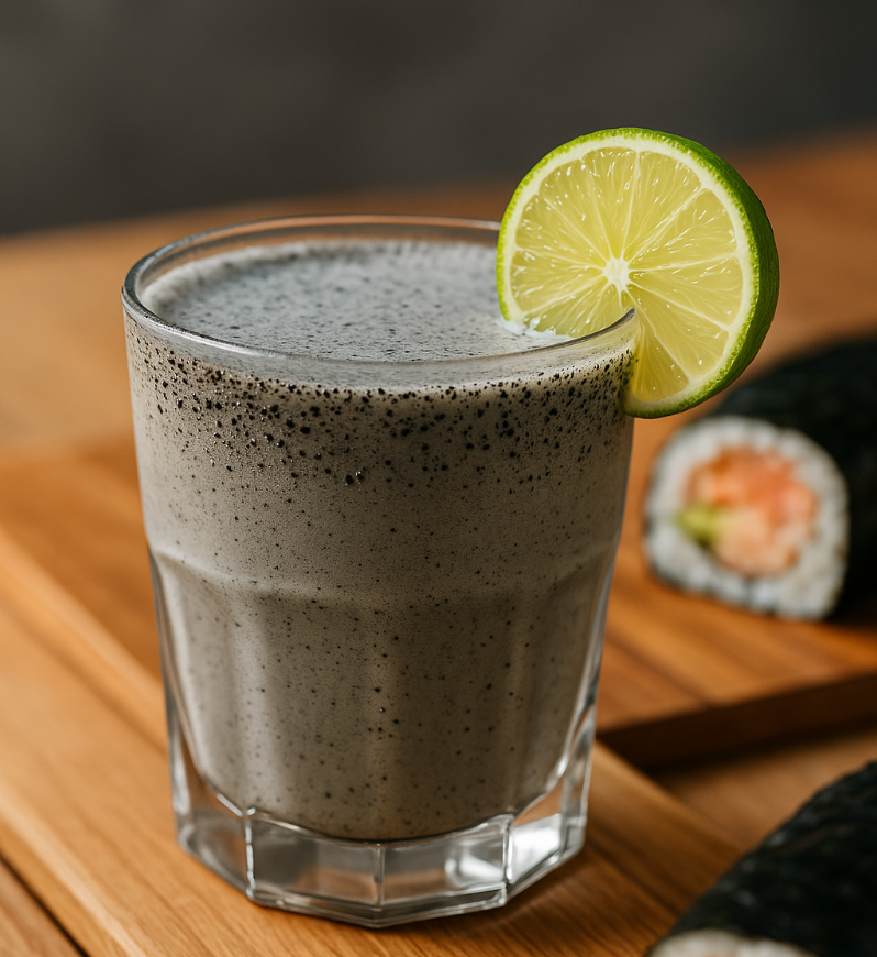 SUSHI JINTONIKU – cremiger, dunkler Cocktail mit Black Tahini im Glas mit Limettenscheibe am Rand. Serviert neben Sushi 
