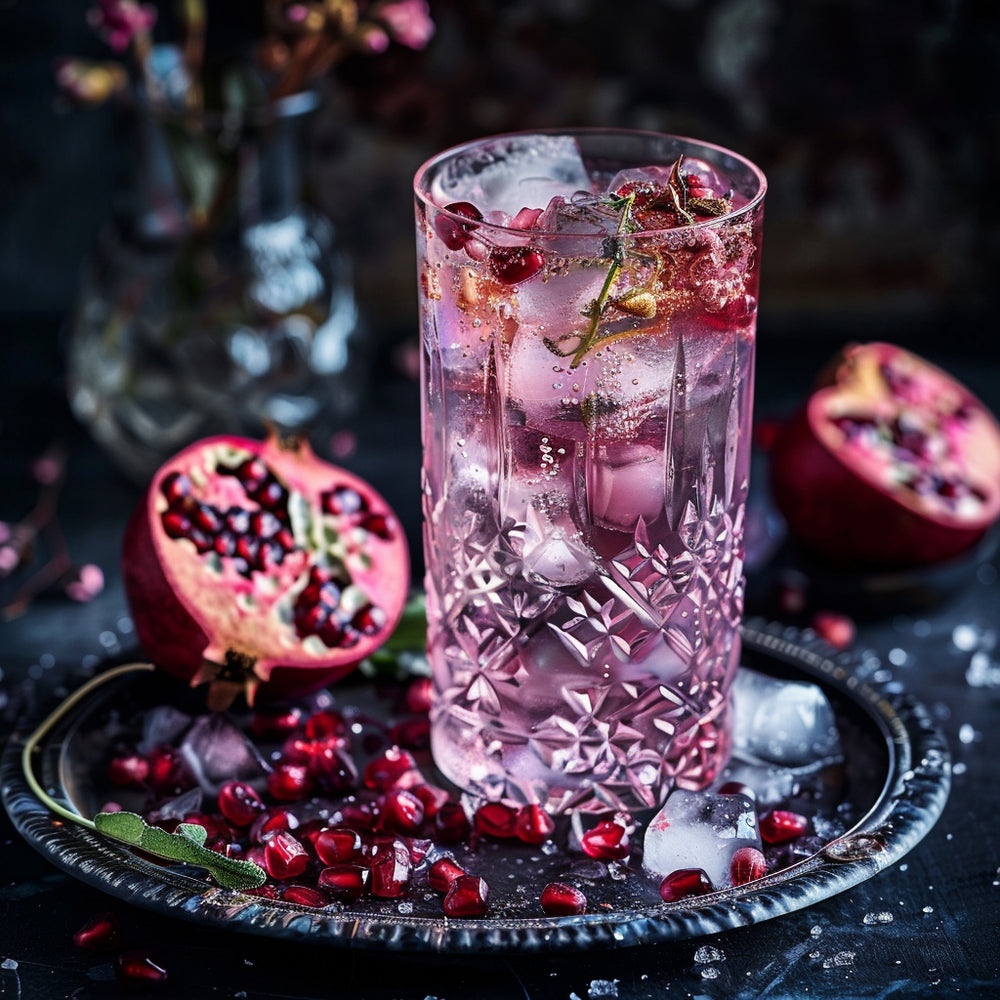 Der Cocktail für Wasserman mit Granatapfel und schwarzem Tee. Im Tumbler auf Eis serviert.