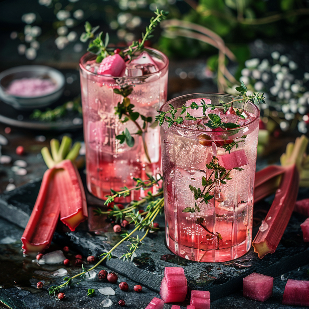 Gin Cocktail für Sternzeichen Widder. Pinker Gin im Tumbler mit Eis und Thymian und Rhabarber Garnitur.