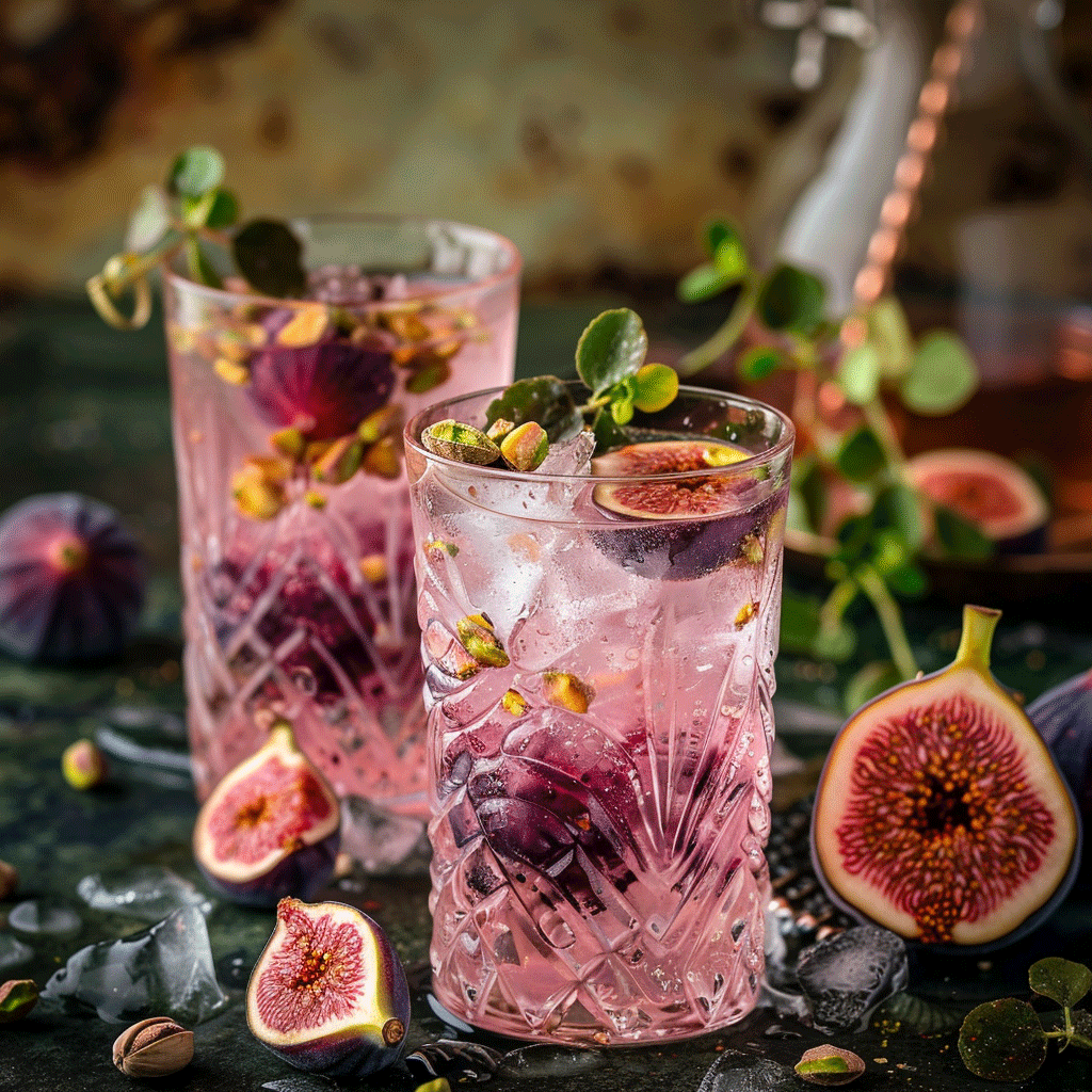 Pistazie und Feige Gin im Tumbler auf Eis serviert. Perfekt zum Geburtstag