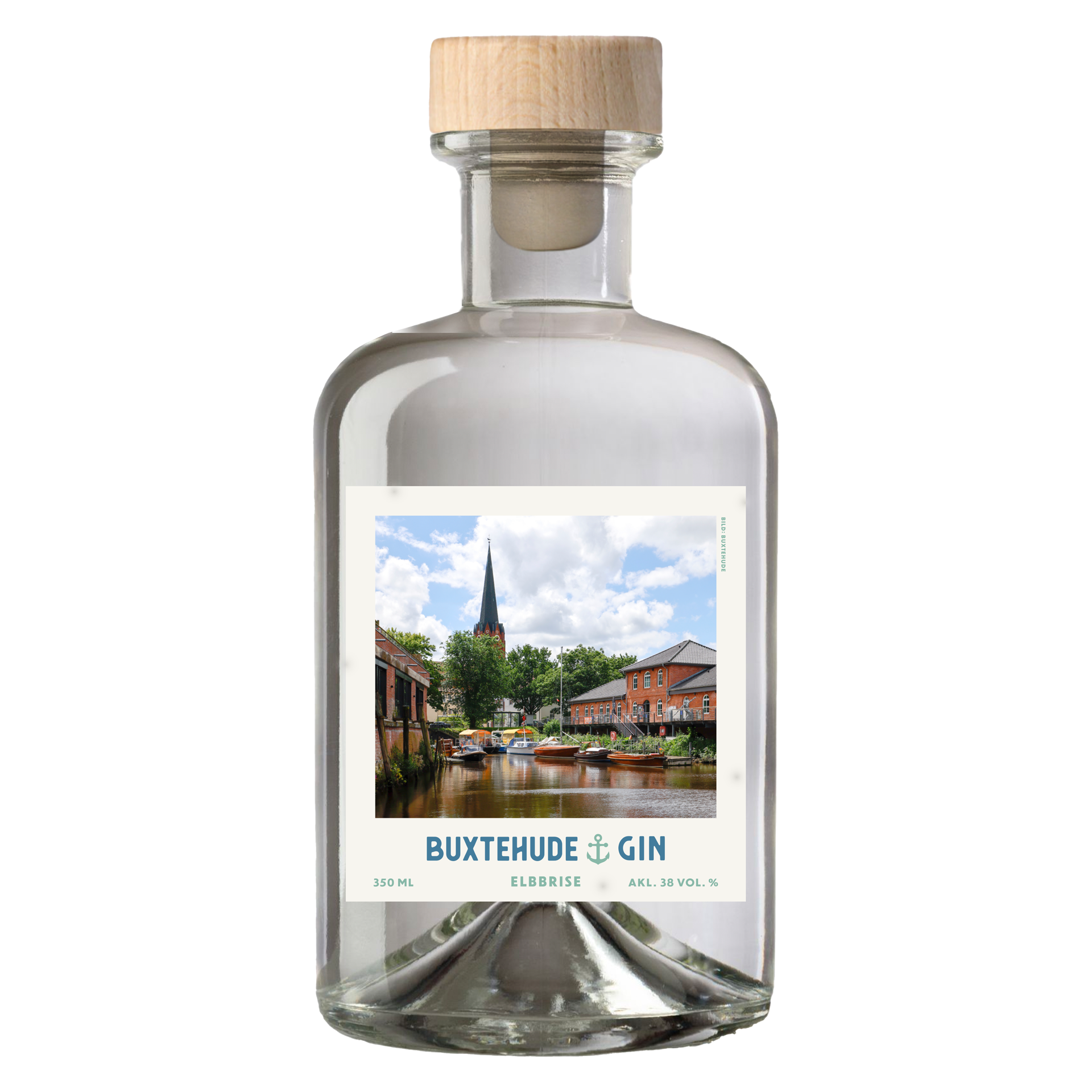 Buxtehude Gin in der Glasflasche, als Souvenir mit Holzverschluss.