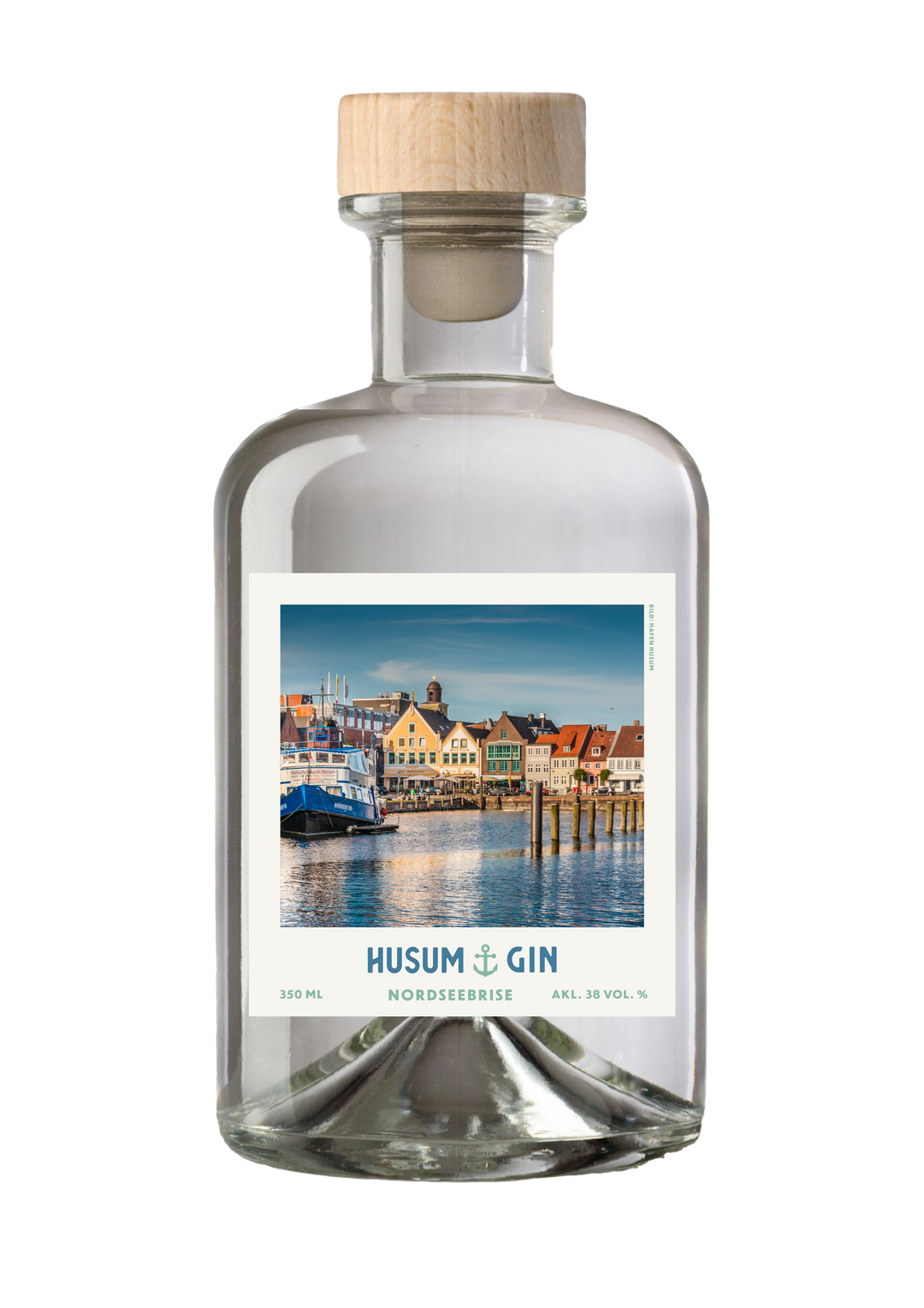 Husum Gin mit Etikett der Hafenstadt – Nordsee Premium Gin in Glasflasche mit Holzverschluss