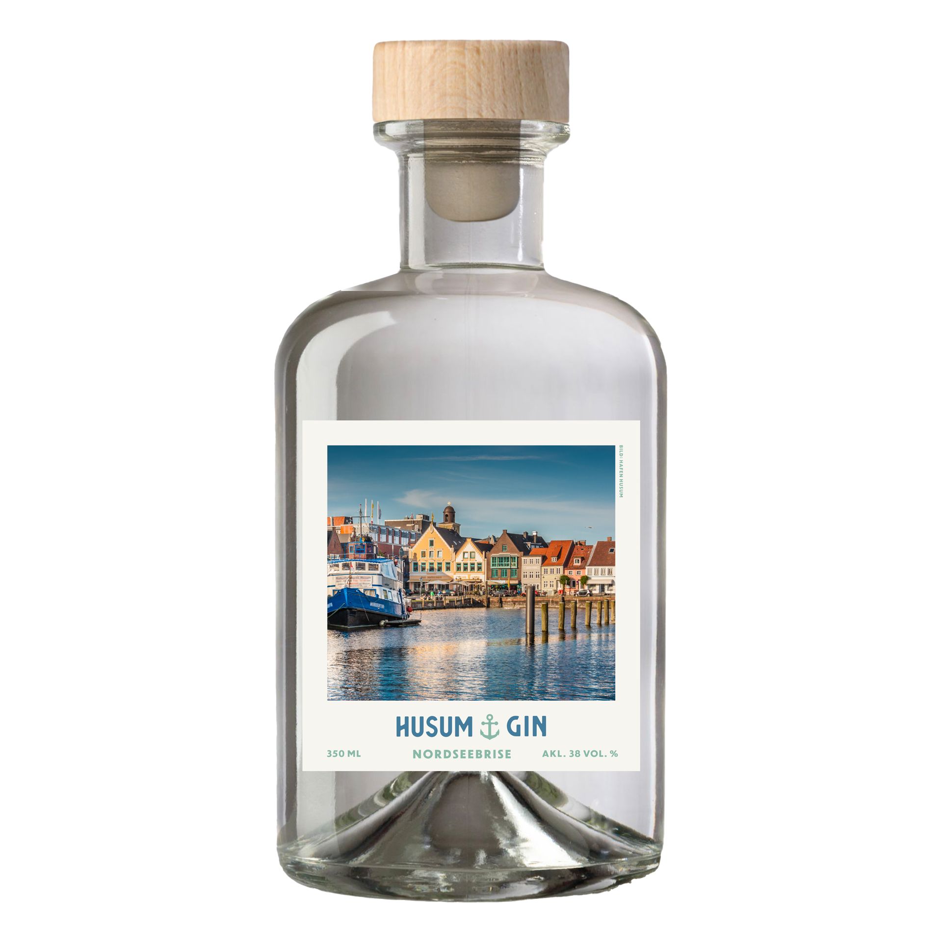 Husum Gin als Souvenir in der Glasflasche mit Hozverschluss.